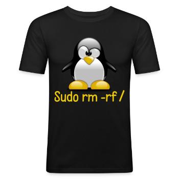 Sudo rm -rf / Programmeur Tux Pingouin Coding - T-shirt près du corps Homme - noir - Devant - Nik (191cm)