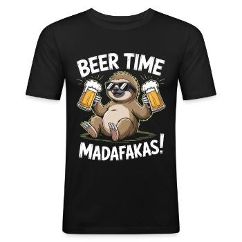 Bier Faultier | Beer Time Madafakas Sloth - Männer Slim Fit T-Shirt - Schwarz - Vorne - Nik (191cm)