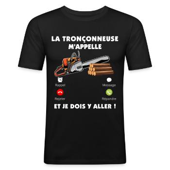 La tronçonneuse M'appelle Humour Homme Bucheron - T-shirt près du corps Homme - noir - Devant - Nik (191cm)
