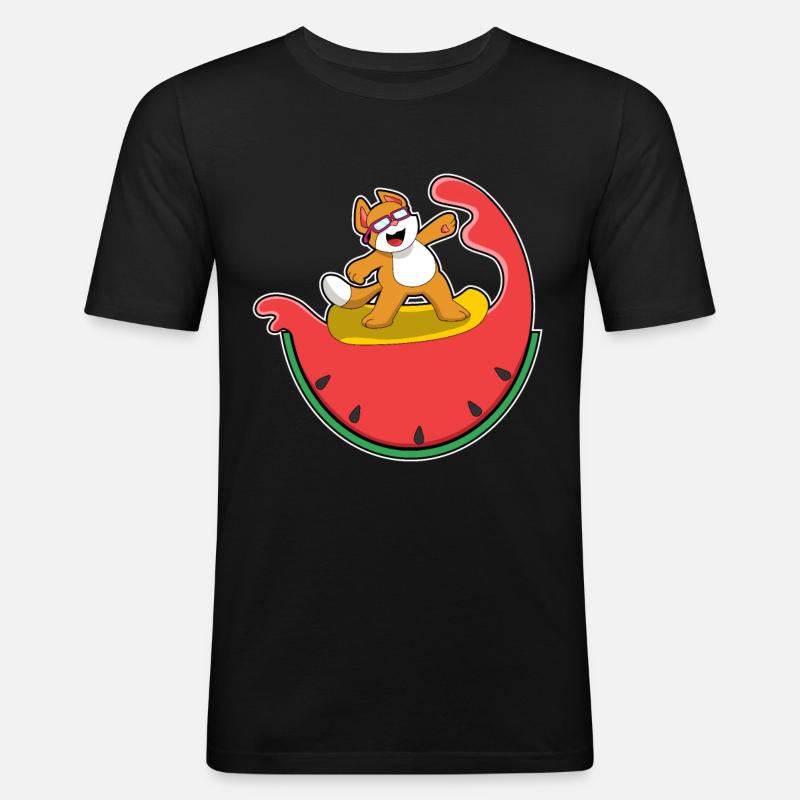 Chat comme surfeur avec pastèque - T-shirt près du corps Homme - noir