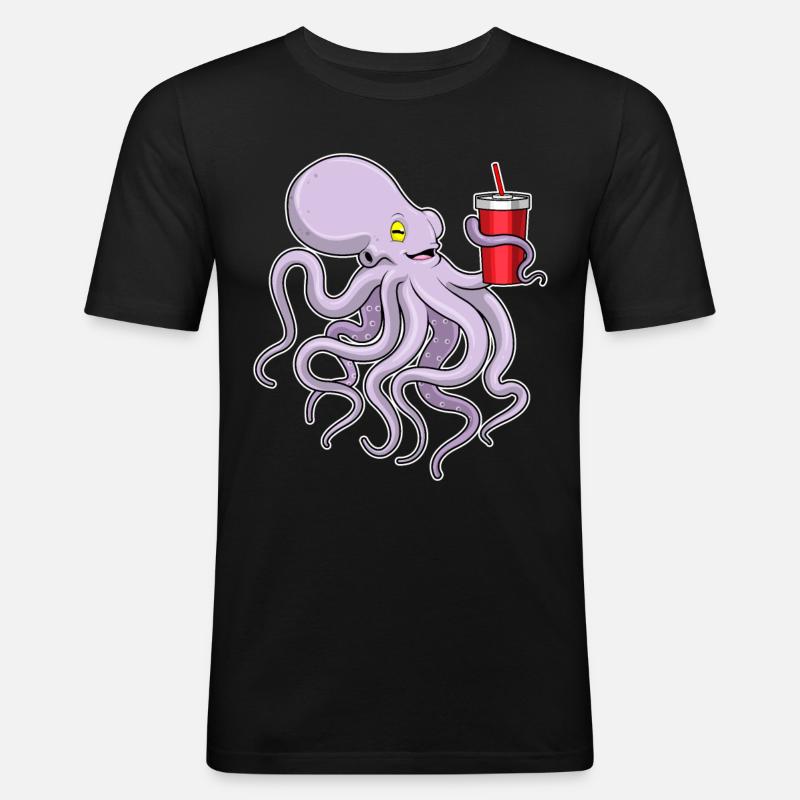 Krake mit Trinkbecher - Männer Slim Fit T-Shirt - Schwarz