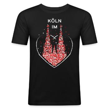 Köln im Herz Kölner Dom Rot Weiss Narr Karneval - Männer Slim Fit T-Shirt - Schwarz - Vorne - Nik (191cm)