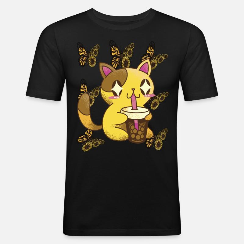 Nette Katze mit Sonnenblumen-Schmetterlings-Tee-Ka - Männer Slim Fit T-Shirt - Schwarz