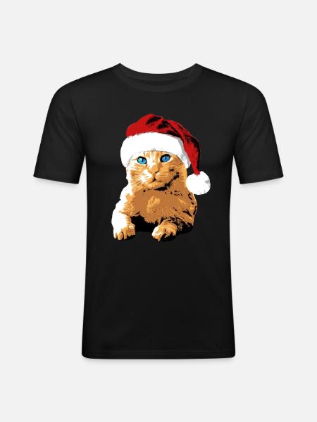 Cat Blue Eyes Christmas Hat Christmas - Maglietta aderente da uomo - nero