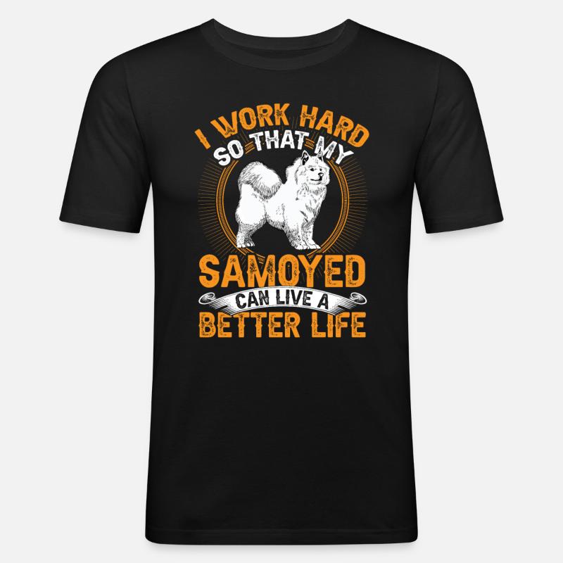 Samojede arbeite hart Samojedenspitz - Männer Slim Fit T-Shirt - Schwarz