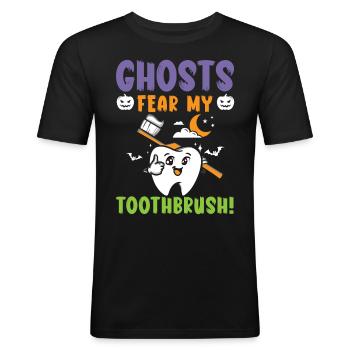 Gespenster fürchten meine Zahnbürste! - Männer Slim Fit T-Shirt - Schwarz - Vorne - Nik (191cm)