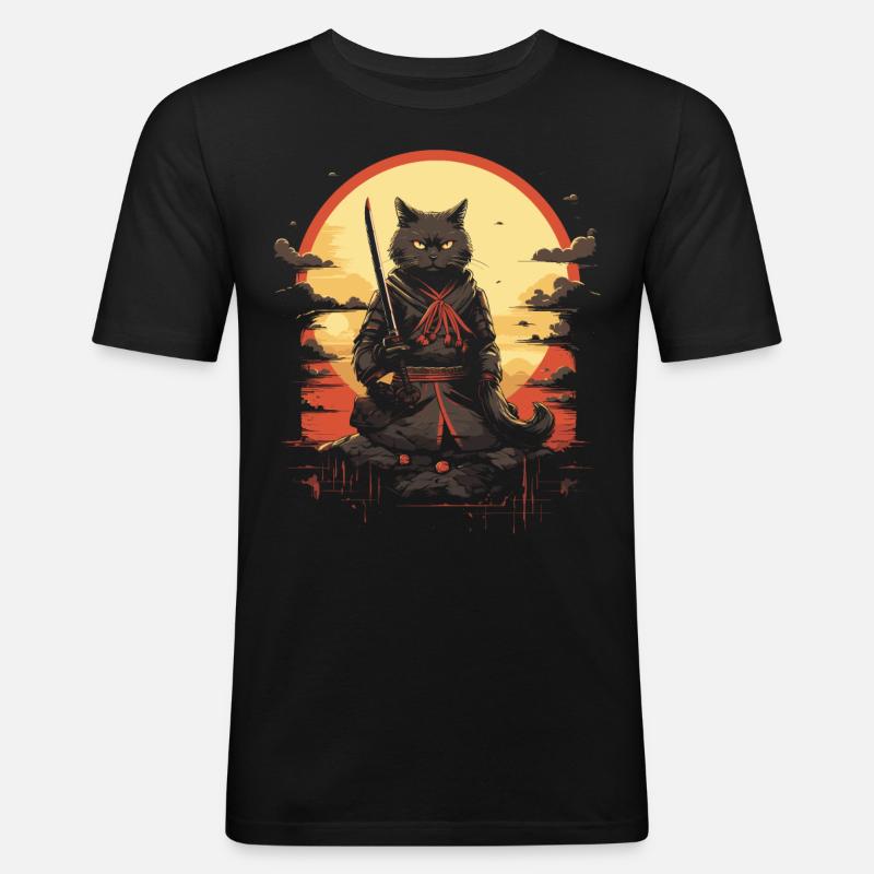 Japanese Cat Warrior - Männer Slim Fit T-Shirt - Schwarz