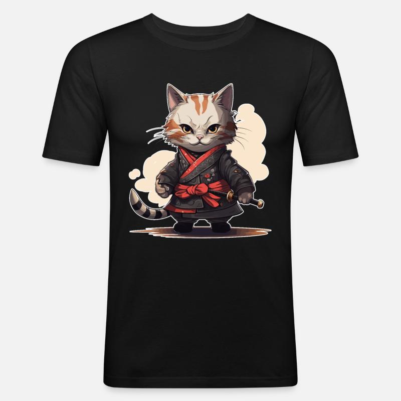 Japanese Samurai Kitty Swordplay - Männer Slim Fit T-Shirt - Schwarz
