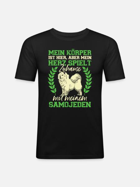 Samojede spielt Zuhause Samojedenspitz - Männer Slim Fit T-Shirt - Schwarz