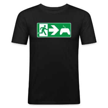 Nooduitgang Gaming Gamer Controller - Mannen slim fit T-shirt - zwart - Voor - Nik (191cm)