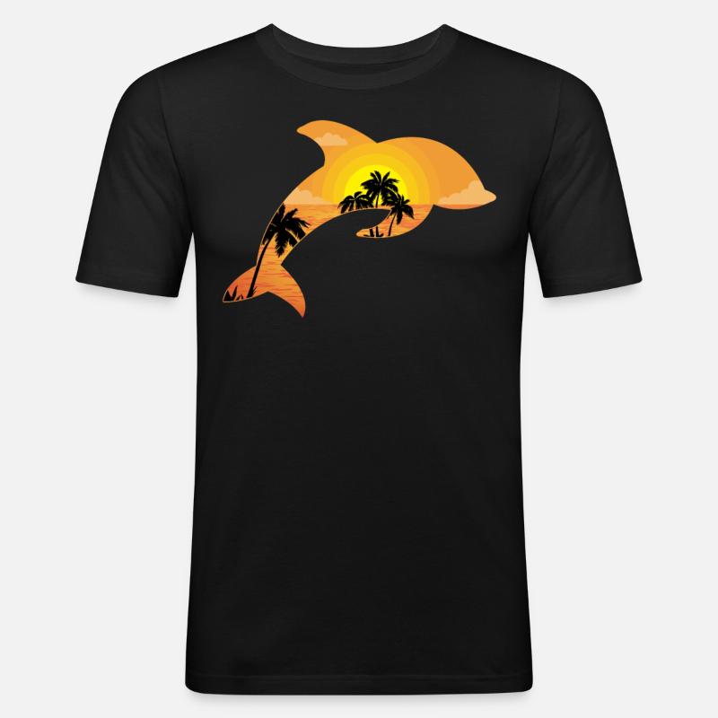 Dolphin Palm Tree Sunset - Männer Slim Fit T-Shirt - Schwarz