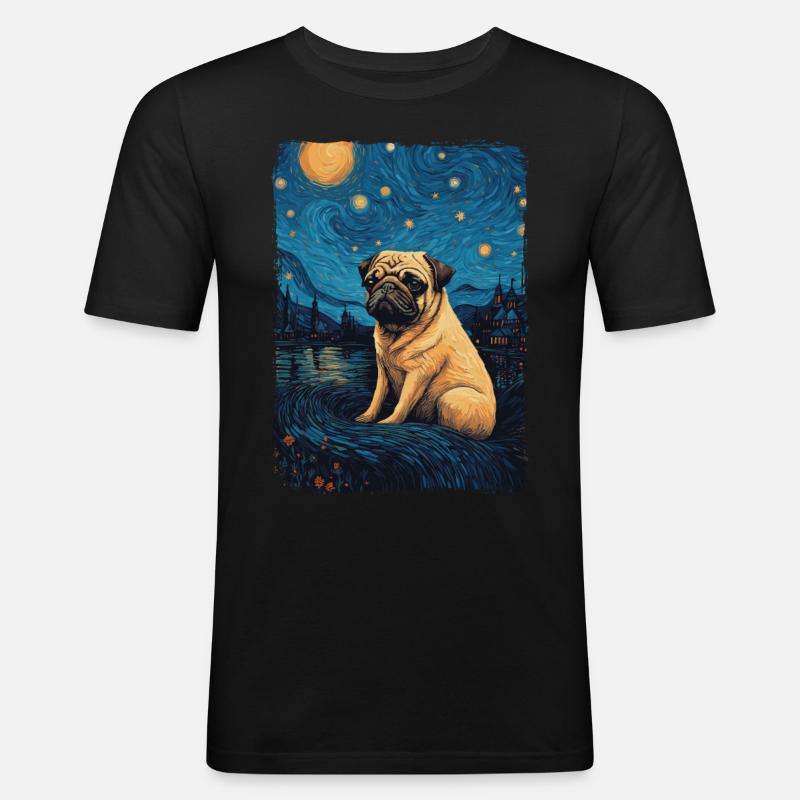 Mops Starry Night - Männer Slim Fit T-Shirt - Schwarz