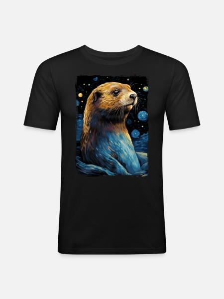 Otter Starry Night - Männer Slim Fit T-Shirt - Schwarz