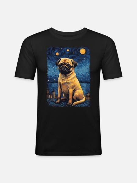 Mops Starry Night - Männer Slim Fit T-Shirt - Schwarz