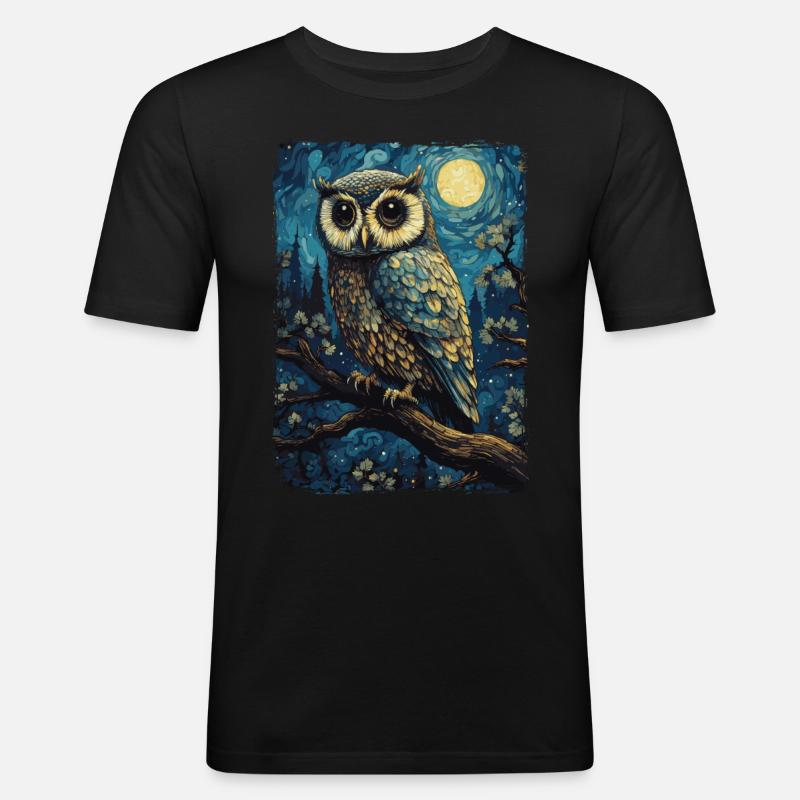 Eule Starry Night - Männer Slim Fit T-Shirt - Schwarz