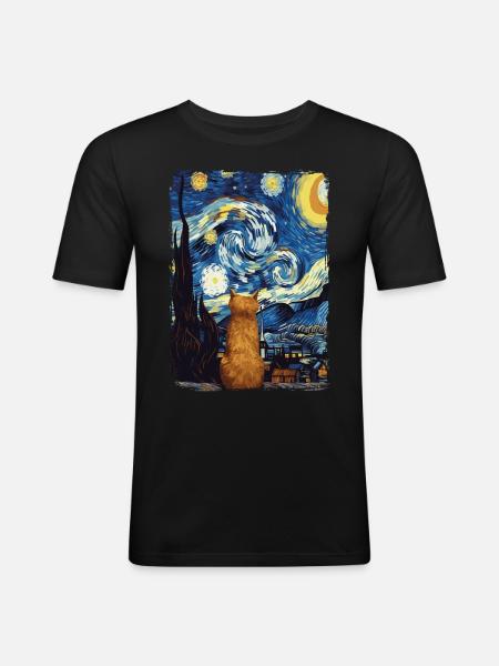 Katze Starry Night - Männer Slim Fit T-Shirt - Schwarz