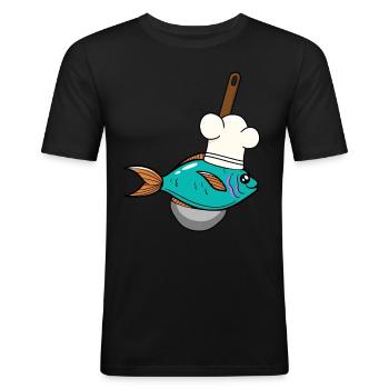 Poisson Poisson Chef Chapeau De Soupe Louche - T-shirt près du corps Homme - noir - Devant - Nik (191cm)
