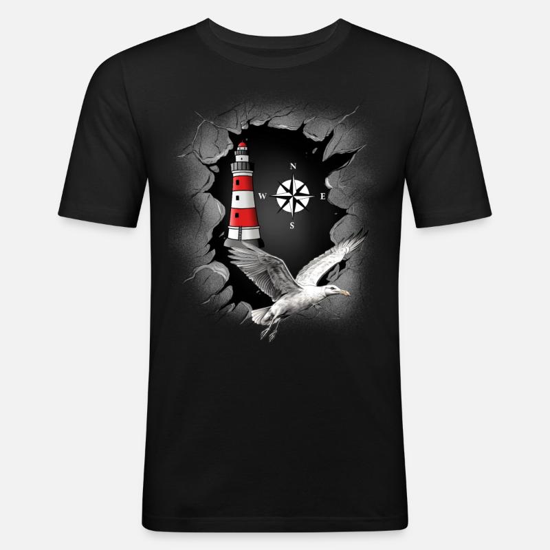 Möwe Leuchtturm Kompass maritim - Männer Slim Fit T-Shirt - Schwarz