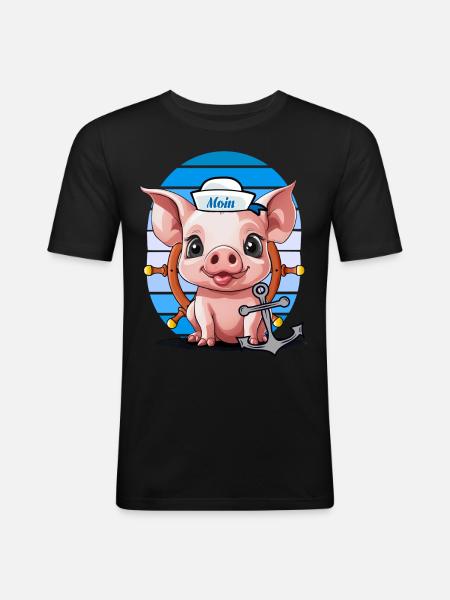 Cochon Marin Timonier Ancre Maritime - T-shirt près du corps Homme - noir