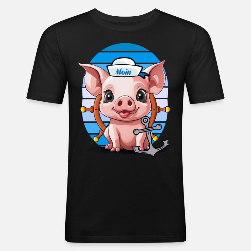 Schwein Matrose Steuermann Anker Maritim - Männer Slim Fit T-Shirt - Schwarz