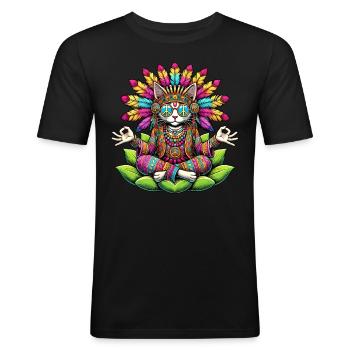 Hippie Katze 70er Jahre 1970er 60er Jahre Party - Männer Slim Fit T-Shirt - Schwarz - Vorne - Nik (191cm)