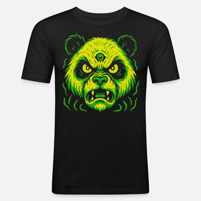 Dreiaugiger Neon-Panda mit Killerblick - Männer Slim Fit T-Shirt - Schwarz
