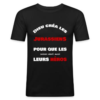Dieu créa le jurassiens - T-shirt près du corps Homme - noir - Devant - Nik (191cm)