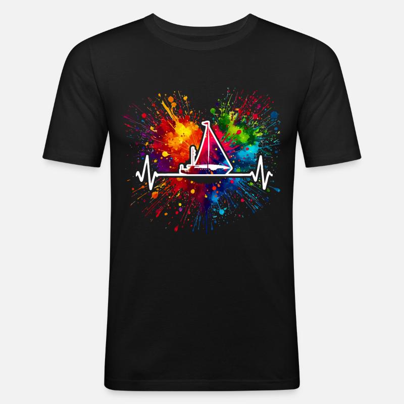 Segelboot Herzschlag Farbspritzer - Männer Slim Fit T-Shirt - Schwarz