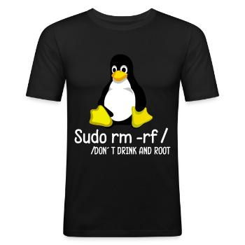 Sudo rm -rf / Programmeur Tux Pingouin Coding - T-shirt près du corps Homme - noir - Devant - Nik (191cm)