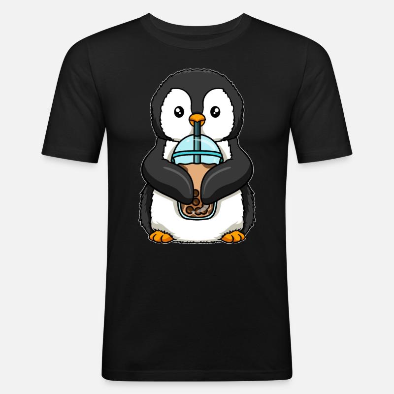 Kawaii Bubble Tea Pinguin - Männer Slim Fit T-Shirt - Schwarz