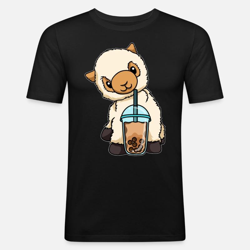 Lama trinkt Bubble Tea - Männer Slim Fit T-Shirt - Schwarz