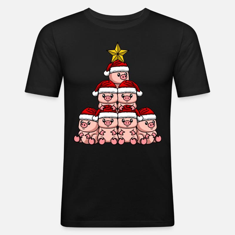 Schwein Weihnachtsbaum - Männer Slim Fit T-Shirt - Schwarz