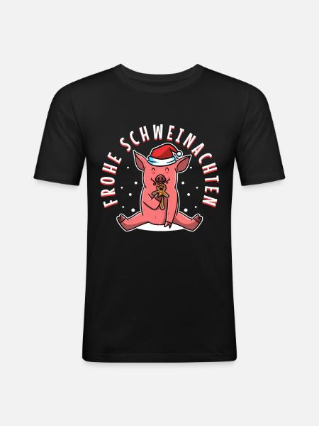 Frohe Schweinachten - Männer Slim Fit T-Shirt - Schwarz