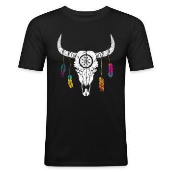 Plumes de crâne de buffle Bœuf Bison indien - T-shirt près du corps Homme - noir - Devant - Nik (191cm)