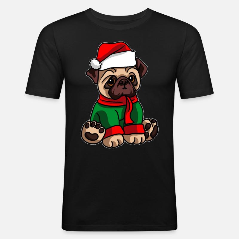 Mops mit Weihnachtsmütze Weihnachtskostüm - Männer Slim Fit T-Shirt - Schwarz