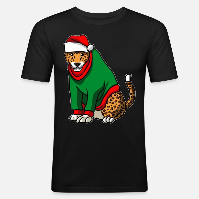 Léopard avec pull de Noël - T-shirt près du corps Homme - noir