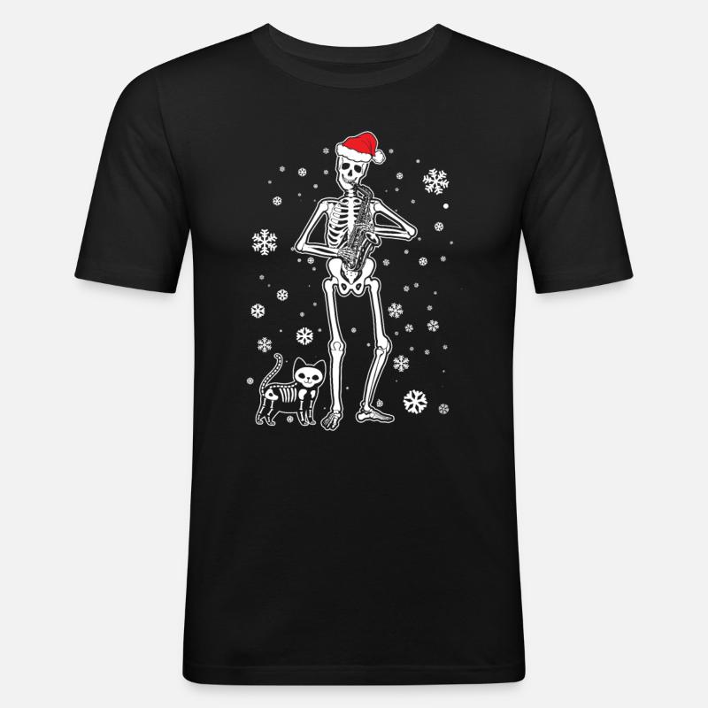 Skeleton Saxophone Cat - Männer Slim Fit T-Shirt - Schwarz