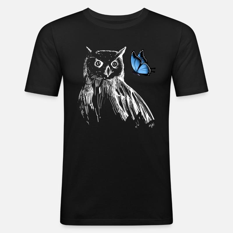 Eule mit Schmetterling - Männer Slim Fit T-Shirt - Schwarz