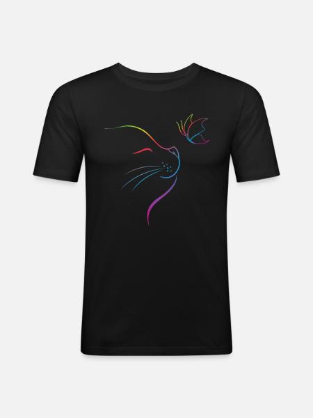Chat avec papillon - T-shirt près du corps Homme - noir