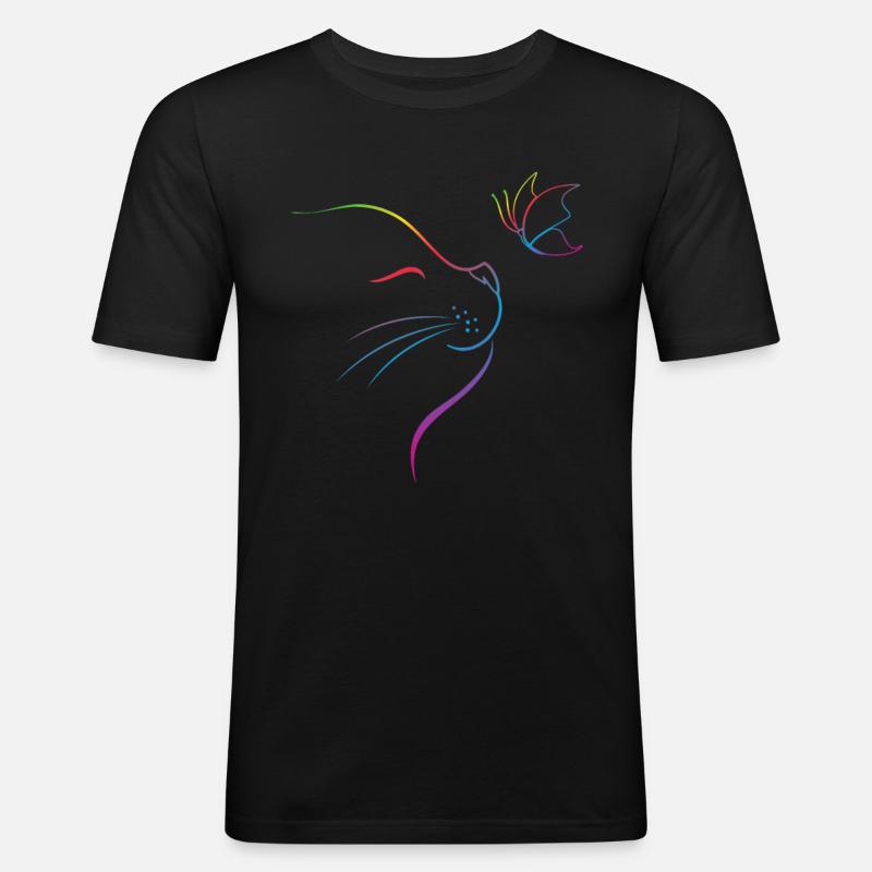 Katze mit Schmetterling - Männer Slim Fit T-Shirt - Schwarz
