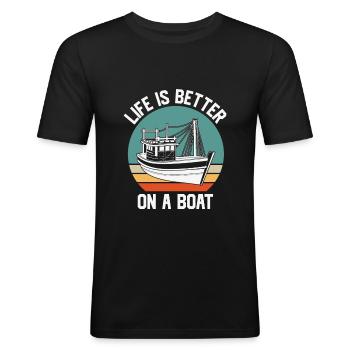 Fishing Quote Vintage Life er bedre på en båd - Herre Slim Fit T-Shirt - sort - Foran - Nik (191cm)