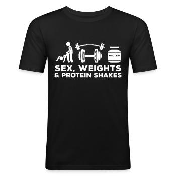 Sex Gewichte heben Protein Shakes Stellungen - Männer Slim Fit T-Shirt - Schwarz - Vorne - Nik (191cm)