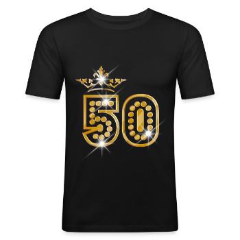 50 - Birthday - Queen - Gold - Burlesque - Männer Slim Fit T-Shirt - Schwarz - Vorne - Nik (191cm)