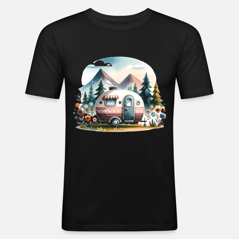 Camping Wohnwagen - Männer Slim Fit T-Shirt - Schwarz