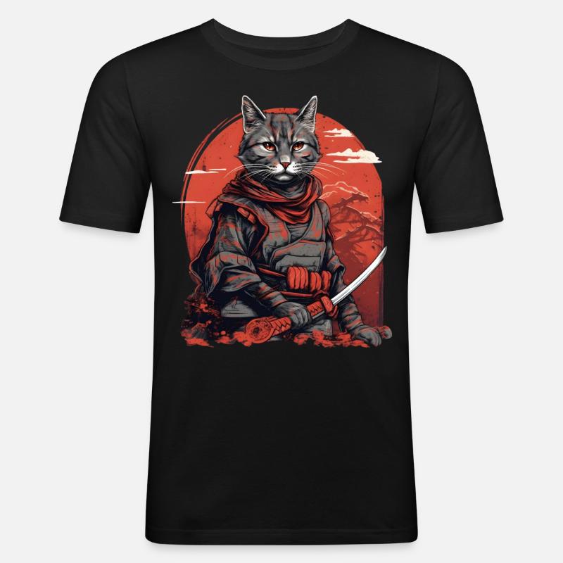 Samurai Katze Japan - Männer Slim Fit T-Shirt - Schwarz