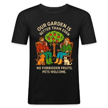 OUR GARDEN IS BETTER THAN EDEN NO FORBIDDEN FRUIT - Men's Slim Fit T-Shirt - black - Front - Nik (191cm)