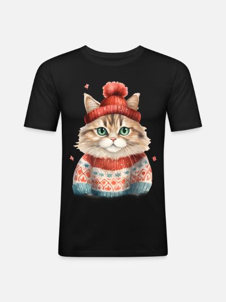Winterkatze im Strickpullover - Männer Slim Fit T-Shirt - Schwarz