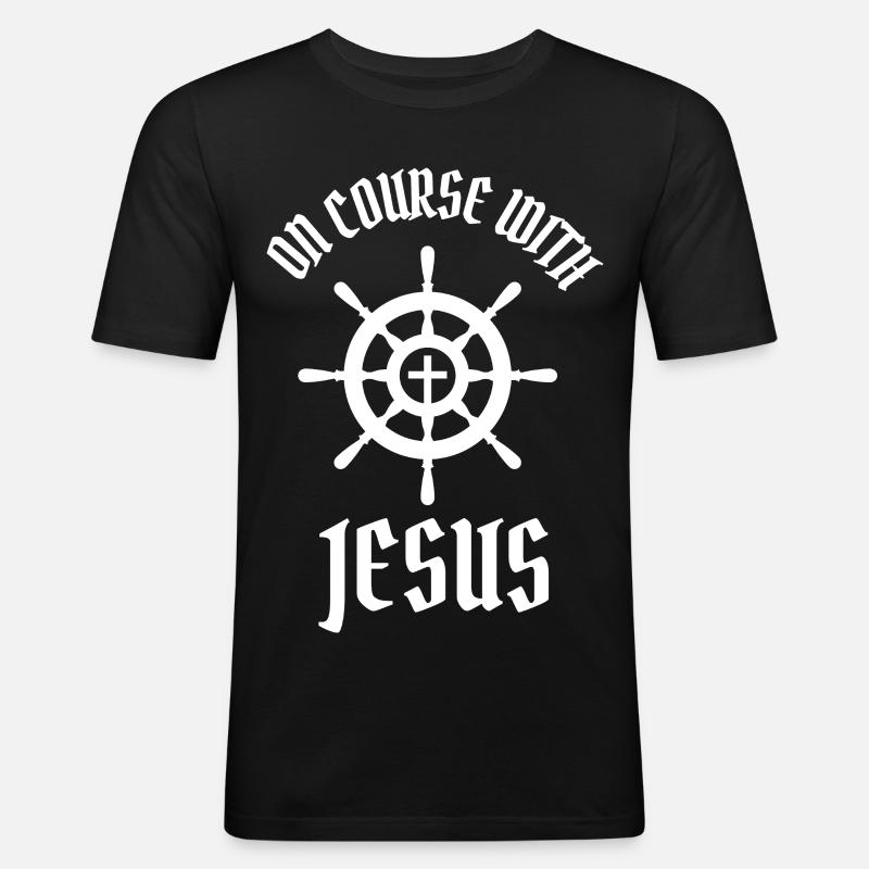 ON COURSE WITH JESUS - Männer Slim Fit T-Shirt - Schwarz