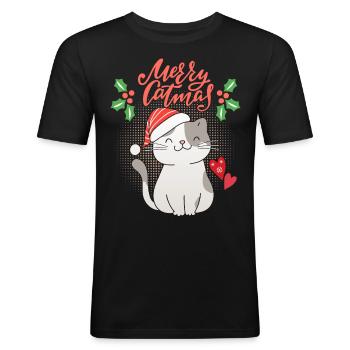Noël avec drôle de chat, Merrry-Catmas, jeu de mots - T-shirt près du corps Homme - noir - Devant - Nik (191cm)