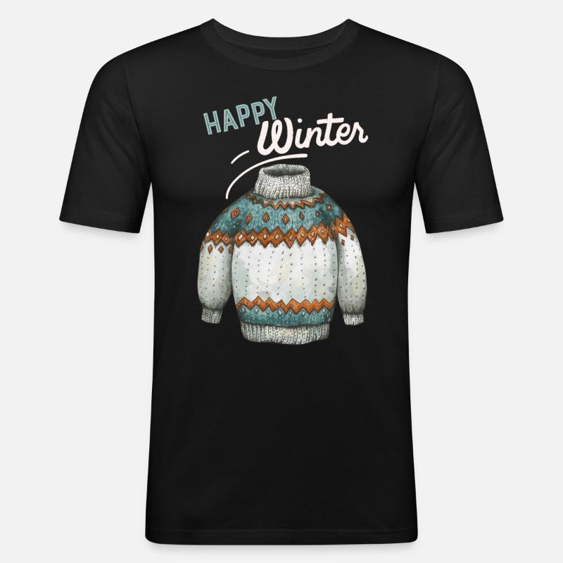 Winter-Design, Strick Pullover Happy-Winter Spruch - Männer Slim Fit T-Shirt - Schwarz